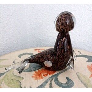 Vintage Murano Blown Glass Seal With Ball Sommerso Technique Gold Amber